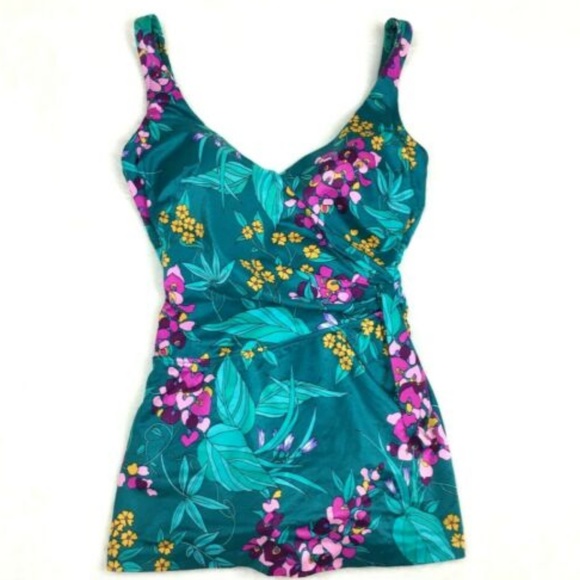 Vintage Other - Vintage Bright Floral One Piece Skirted Swimsuit M